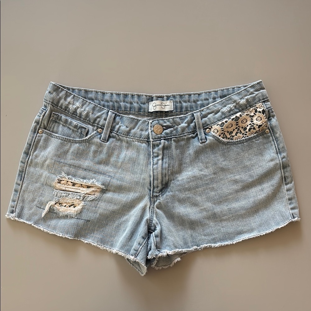 Jessica Simpson Light Blue Jean Shorts Distressed Crochet Lace Patchwork Size 28